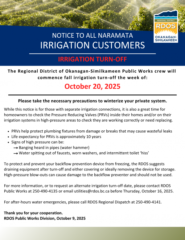 Naramata Irrigation Turn Off Notice